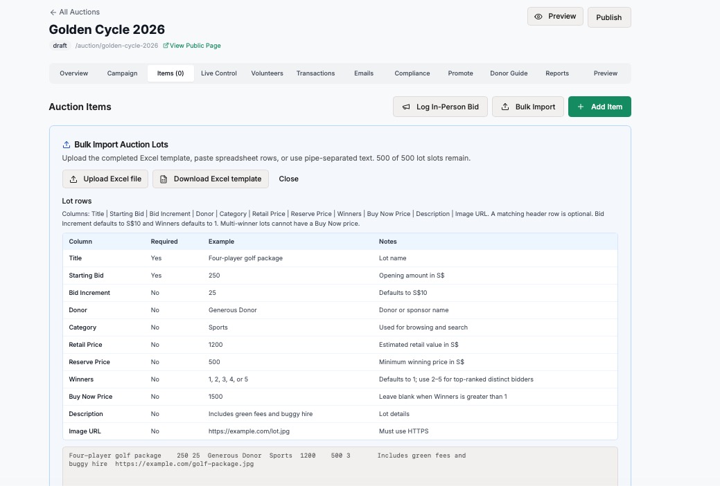 Bulk import auction lots