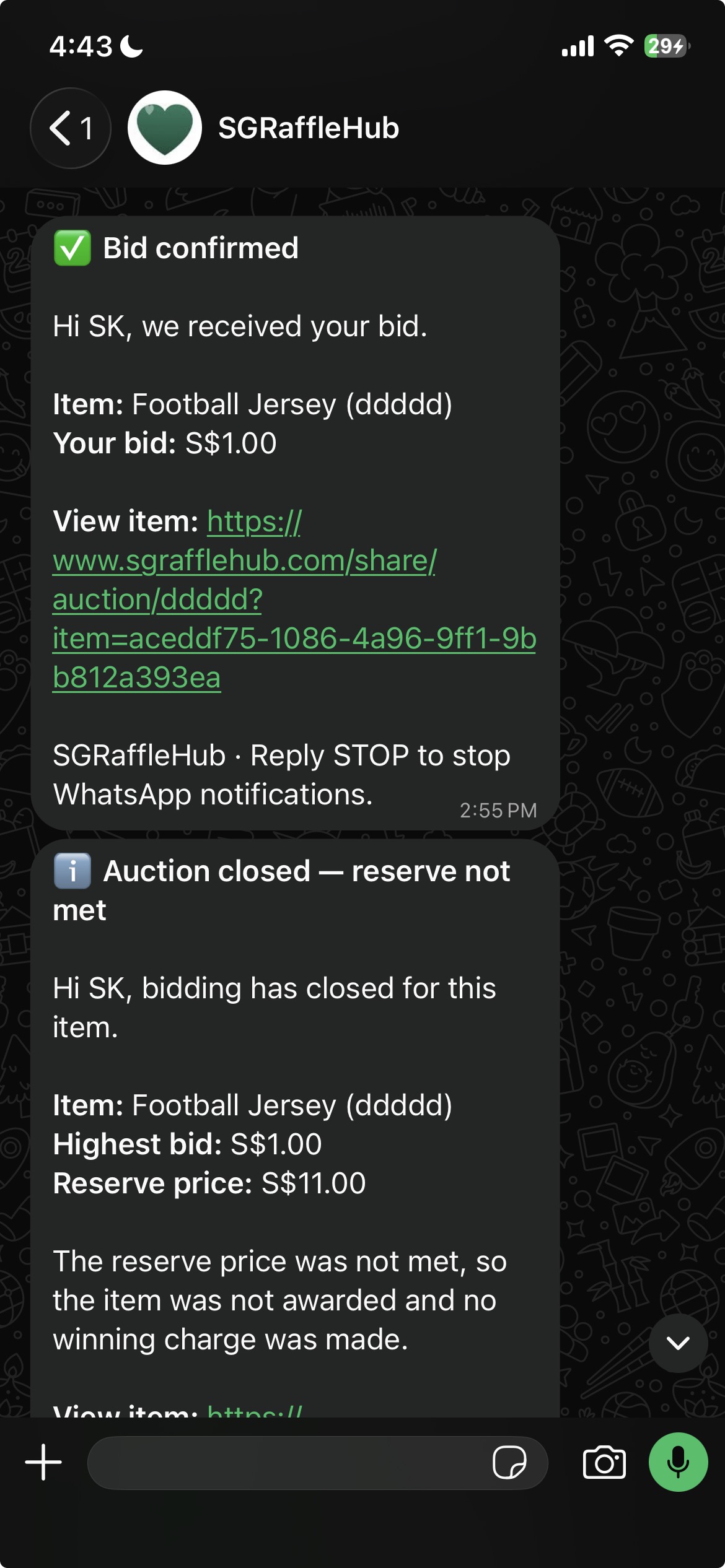 WhatsApp bid notifications